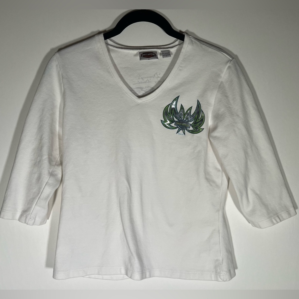 Vintage Y2K 2005 Harley-Davidson v-neck baby white tee Ozarks Springfield sz M